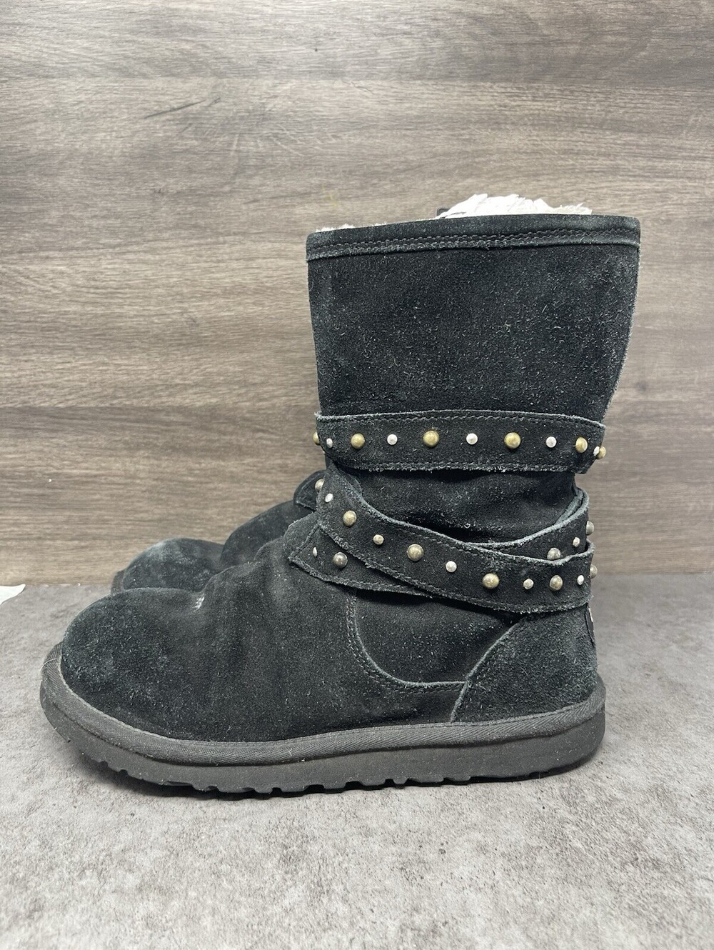 UGG Clovis 3287 Black Suede Studded Girls Size 6 Sheepskin Winter Boots